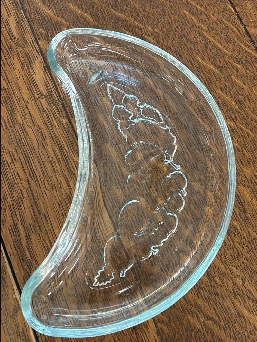 Vintage clear crescent shaped glass side or bone dishe with fruit design